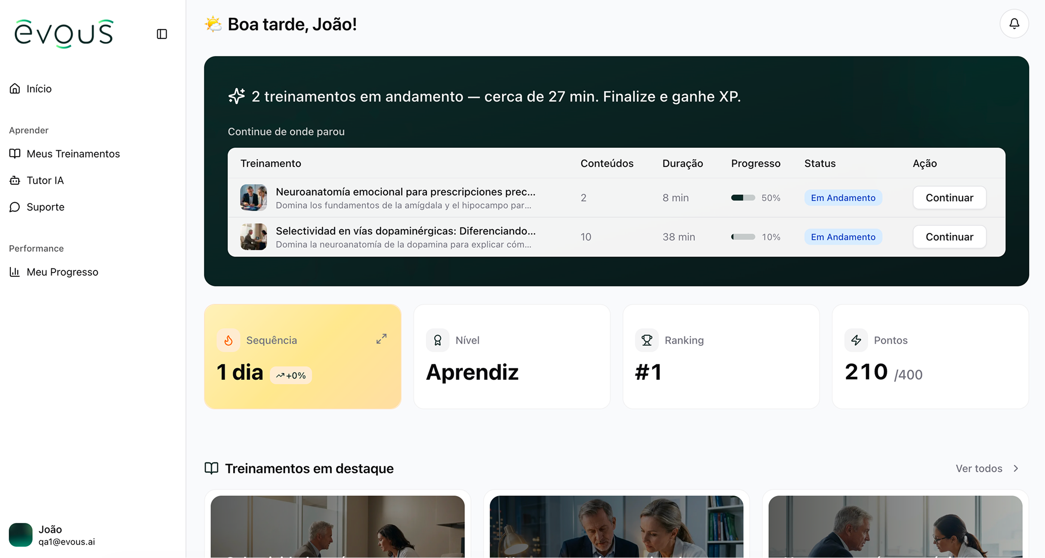 Dashboard do aluno Evous Learn